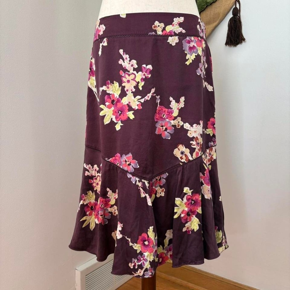 Purple Floral Silk Midi Skirt